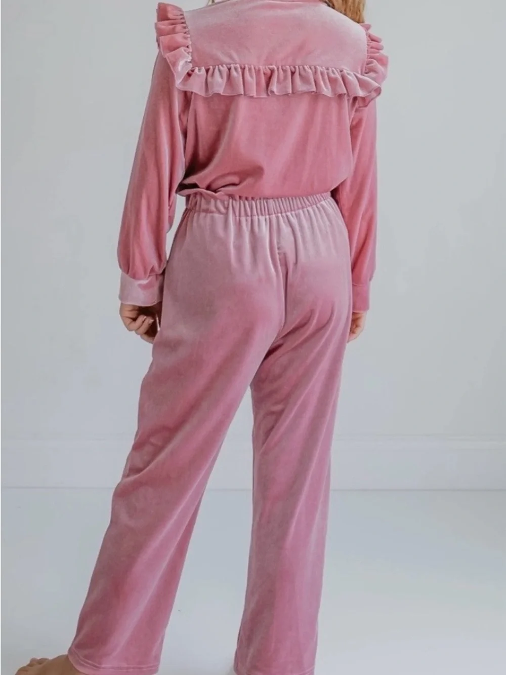 Girls Velvet Ruffle Set with Bow - Pink